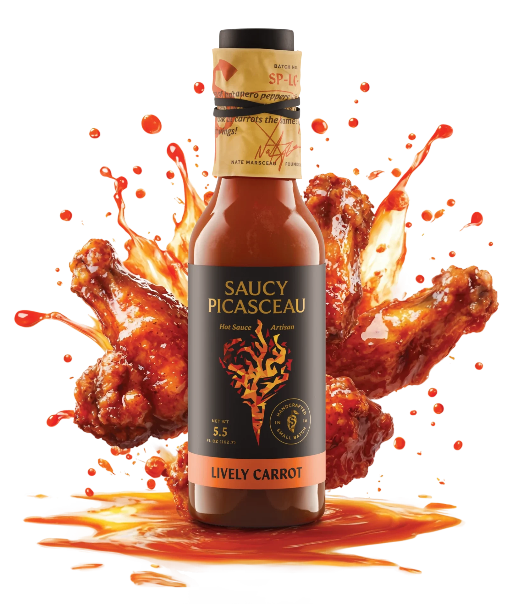 Saucy Picasceau Lively Carrot hot sauce bottle with flying chicken wings and sauce splash
